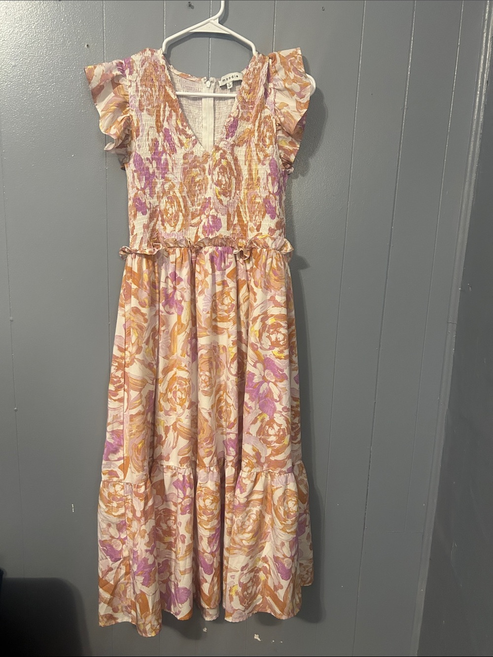 moodie Pink and Orange Floral Ruffle Maxi Dress